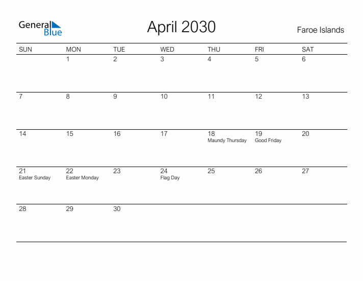 Printable April 2030 Calendar for Faroe Islands