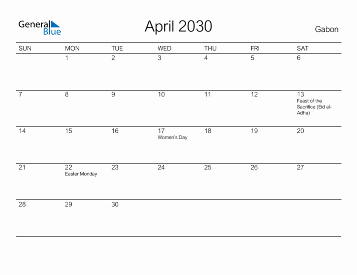 Printable April 2030 Calendar for Gabon