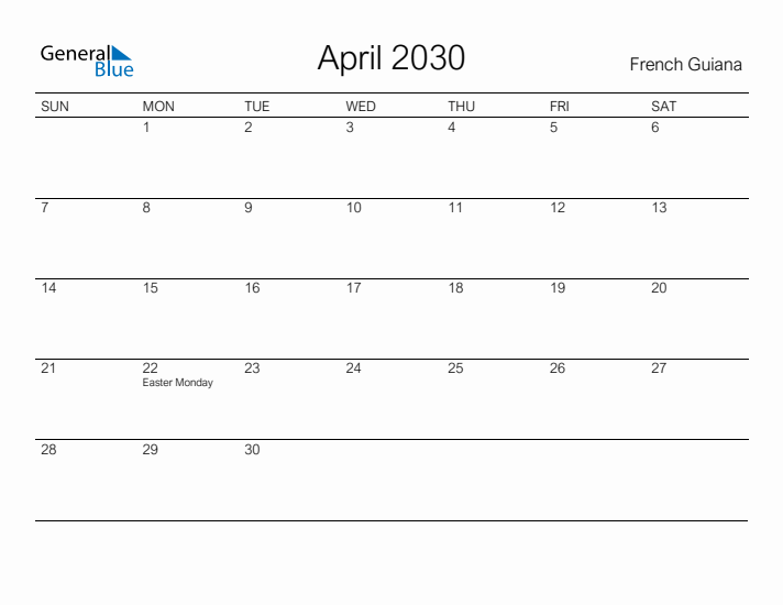 Printable April 2030 Calendar for French Guiana