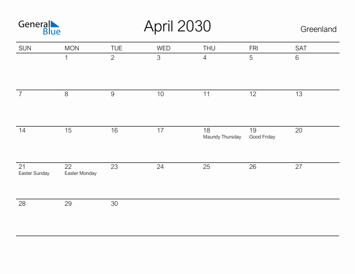 Printable April 2030 Calendar for Greenland