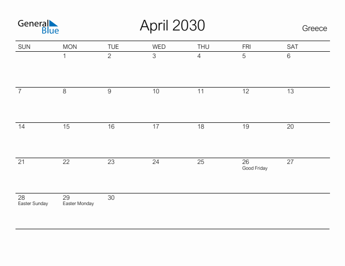 Printable April 2030 Calendar for Greece