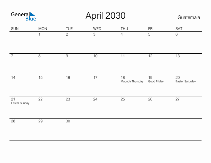Printable April 2030 Calendar for Guatemala