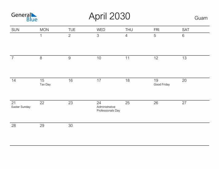 Printable April 2030 Calendar for Guam