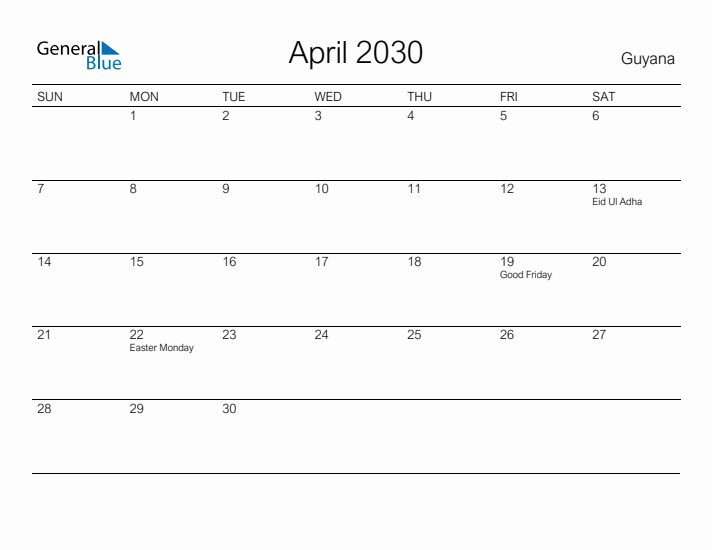Printable April 2030 Calendar for Guyana
