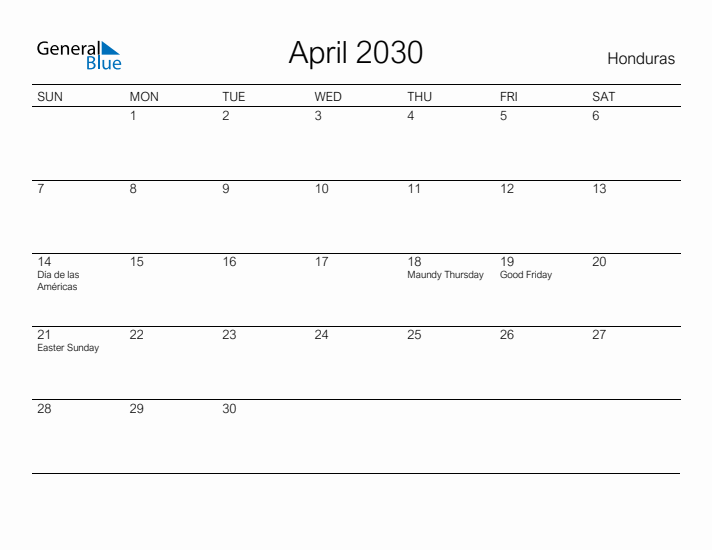Printable April 2030 Calendar for Honduras