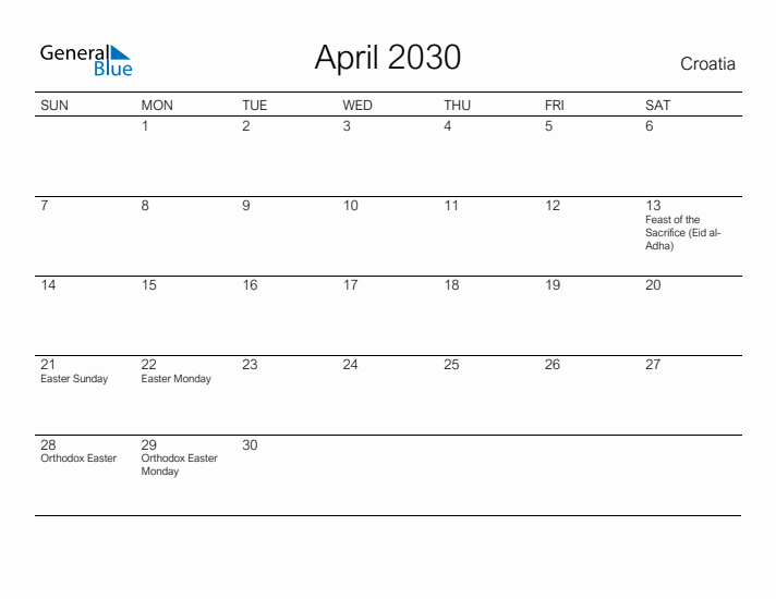 Printable April 2030 Calendar for Croatia