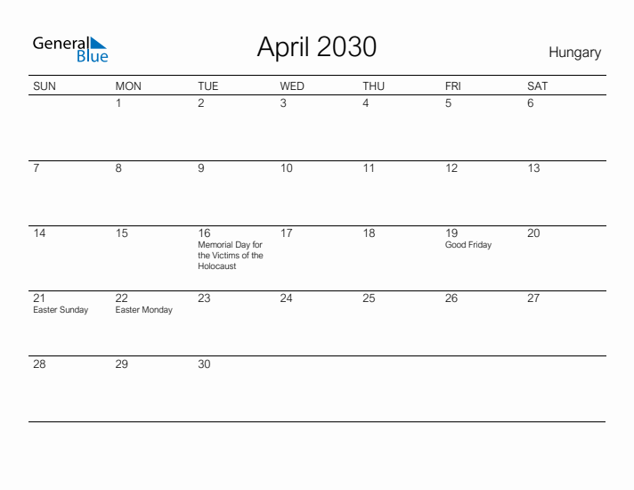 Printable April 2030 Calendar for Hungary
