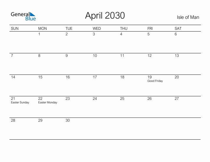 Printable April 2030 Calendar for Isle of Man