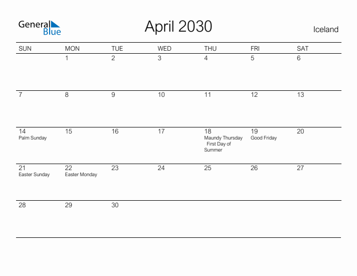 Printable April 2030 Calendar for Iceland