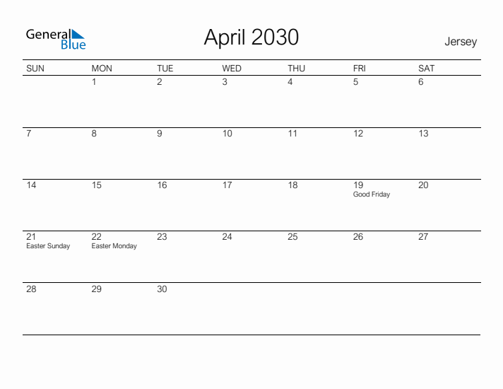 Printable April 2030 Calendar for Jersey
