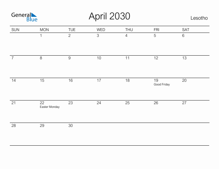 Printable April 2030 Calendar for Lesotho
