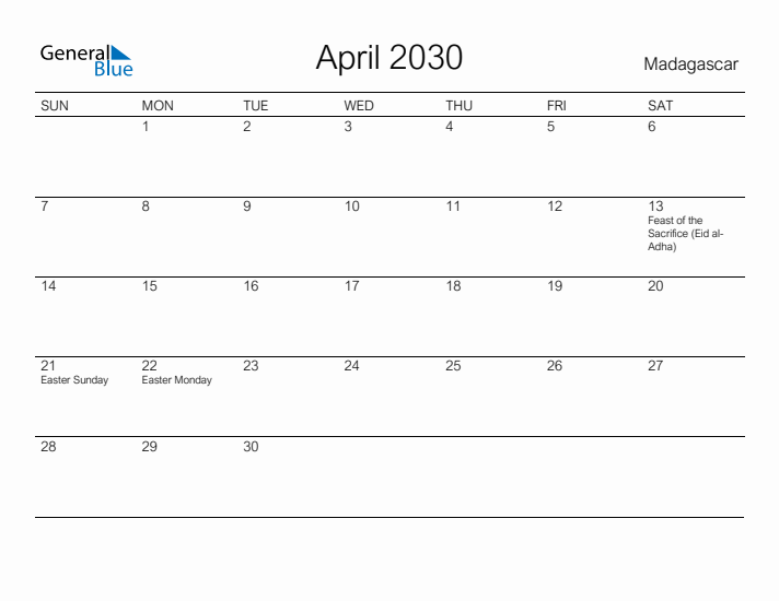 Printable April 2030 Calendar for Madagascar