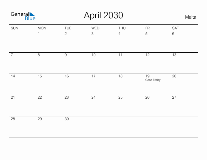 Printable April 2030 Calendar for Malta