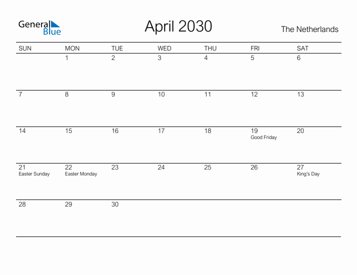 Printable April 2030 Calendar for The Netherlands