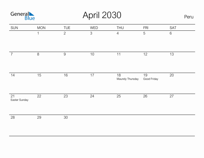 Printable April 2030 Calendar for Peru