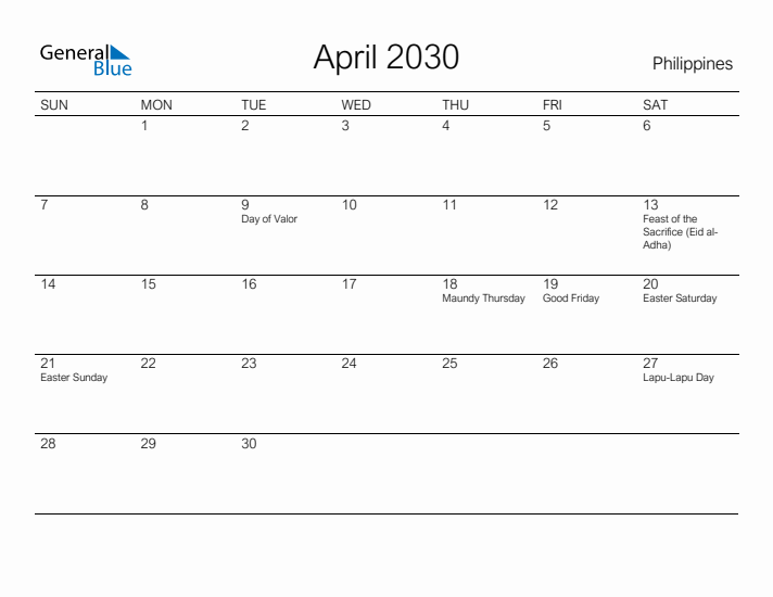 Printable April 2030 Calendar for Philippines