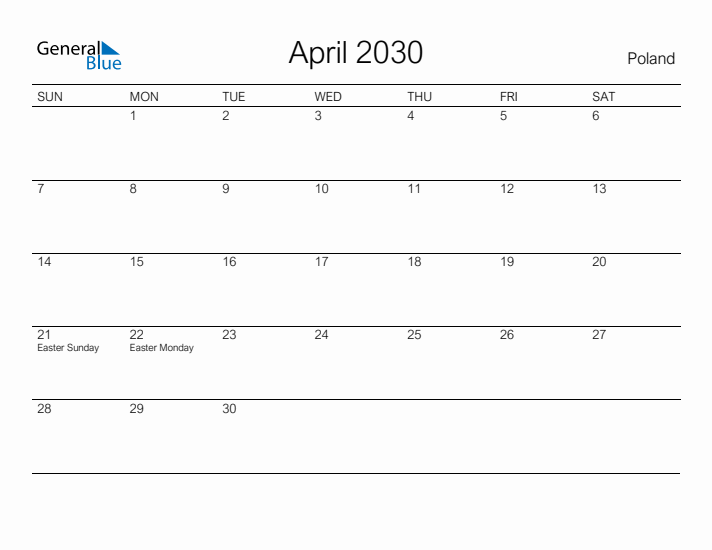 Printable April 2030 Calendar for Poland