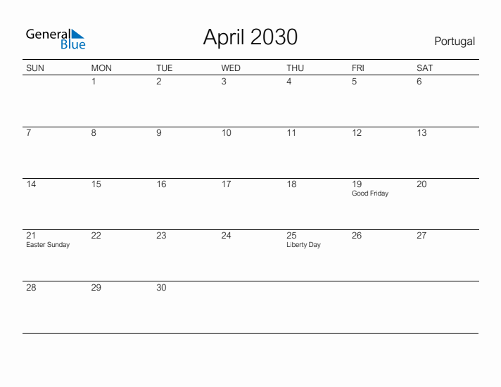Printable April 2030 Calendar for Portugal