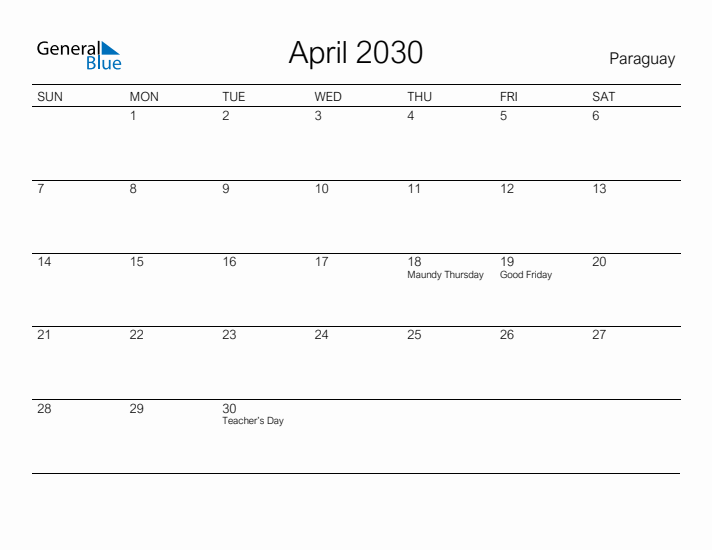 Printable April 2030 Calendar for Paraguay