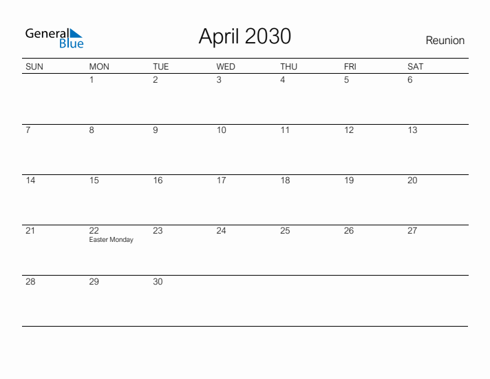 Printable April 2030 Calendar for Reunion