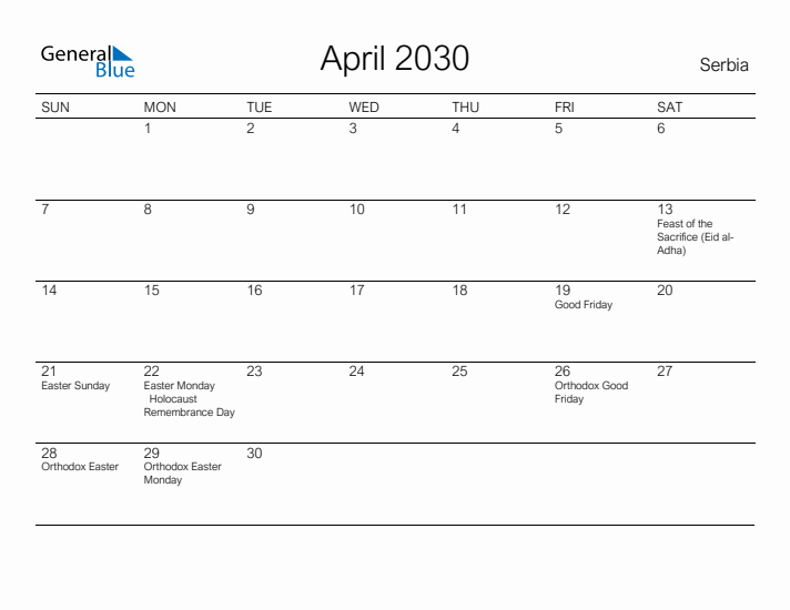 Printable April 2030 Calendar for Serbia
