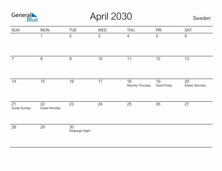 Printable April 2030 Calendar for Sweden