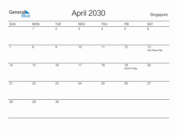 Printable April 2030 Calendar for Singapore