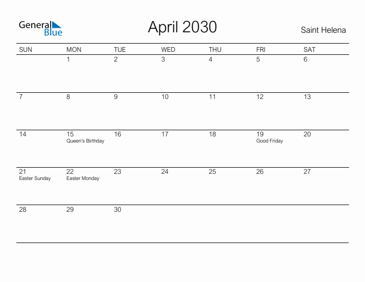 Printable April 2030 Calendar for Saint Helena