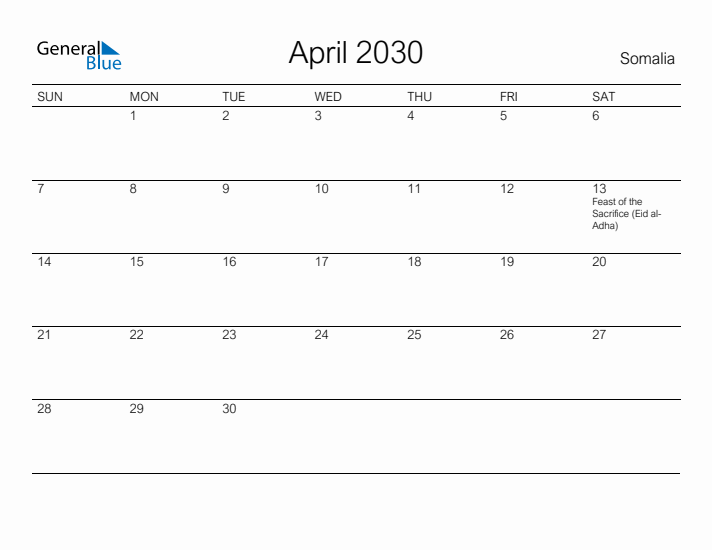 Printable April 2030 Calendar for Somalia
