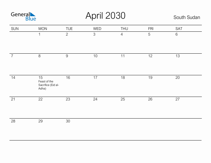 Printable April 2030 Calendar for South Sudan