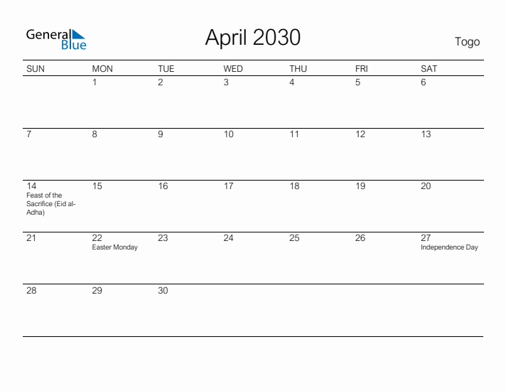Printable April 2030 Calendar for Togo