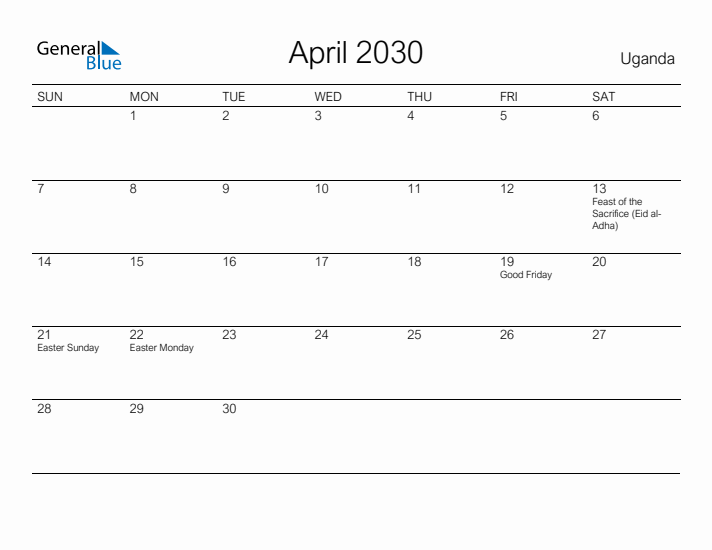 Printable April 2030 Calendar for Uganda