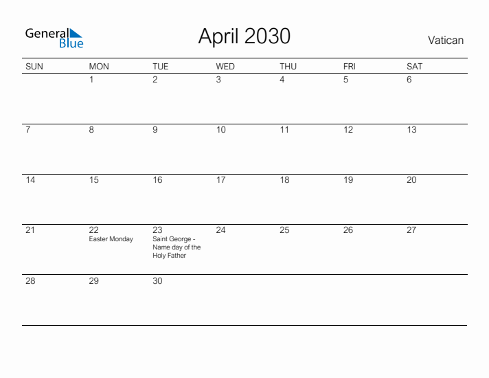 Printable April 2030 Calendar for Vatican