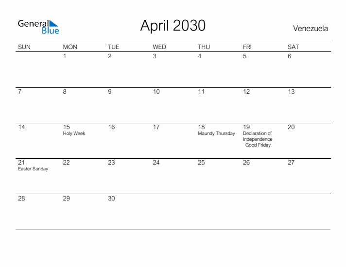 Printable April 2030 Calendar for Venezuela