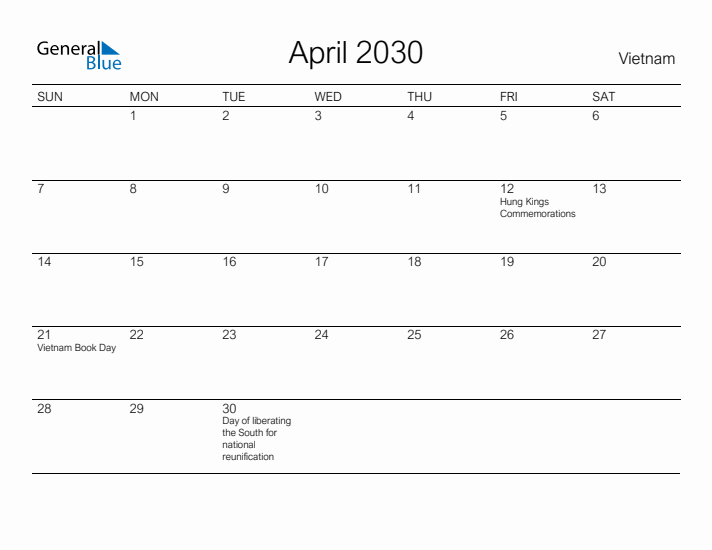 Printable April 2030 Calendar for Vietnam