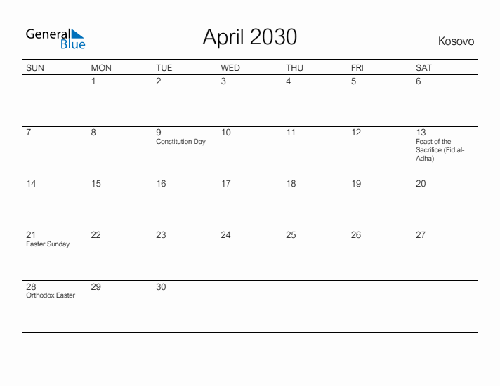 Printable April 2030 Calendar for Kosovo