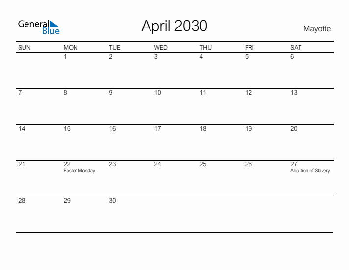 Printable April 2030 Calendar for Mayotte