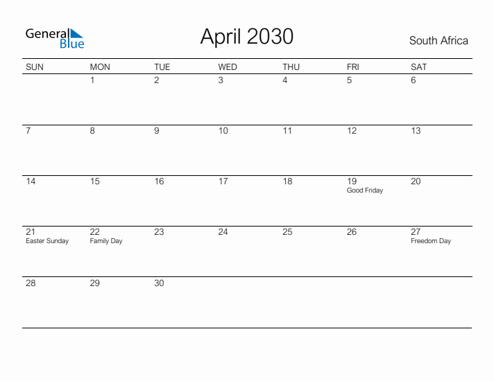 Printable April 2030 Calendar for South Africa