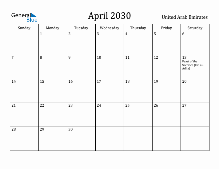 April 2030 Calendar United Arab Emirates