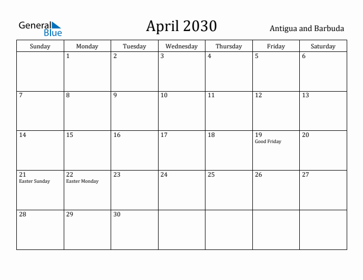 April 2030 Calendar Antigua and Barbuda