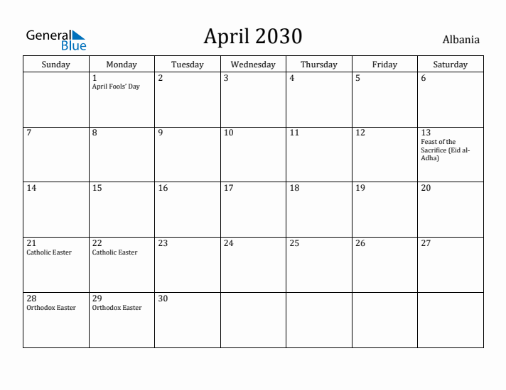 April 2030 Calendar Albania