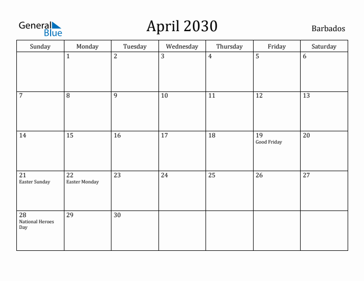 April 2030 Calendar Barbados