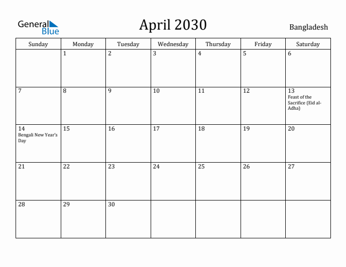 April 2030 Calendar Bangladesh