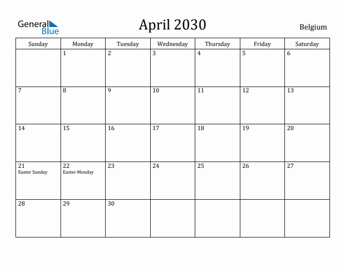 April 2030 Calendar Belgium