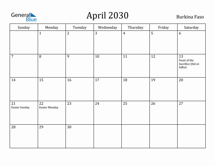 April 2030 Calendar Burkina Faso