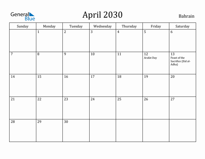 April 2030 Calendar Bahrain