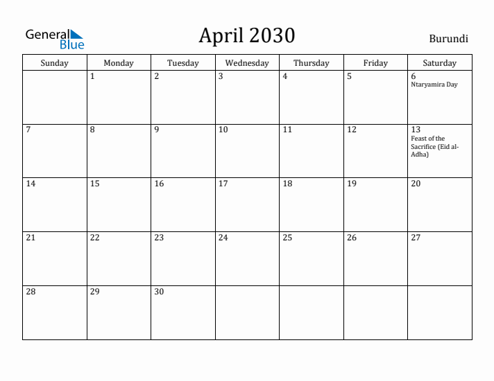 April 2030 Calendar Burundi