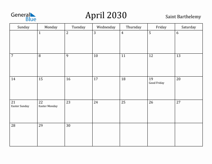 April 2030 Calendar Saint Barthelemy