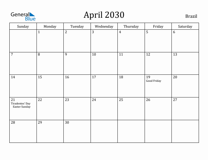 April 2030 Calendar Brazil