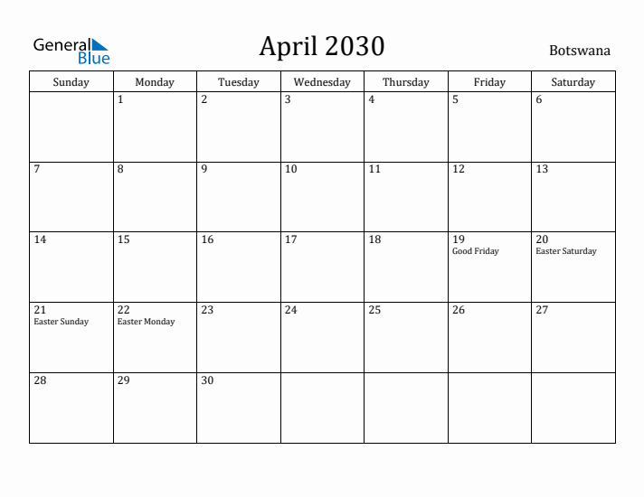 April 2030 Calendar Botswana
